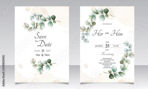 wedding invitation card with Eucalyptus leaves template