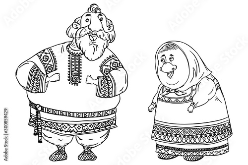 Couple of seniors dressed in traditional Russian folk costumes. Funny cartoon characters. Black and white vector illustration