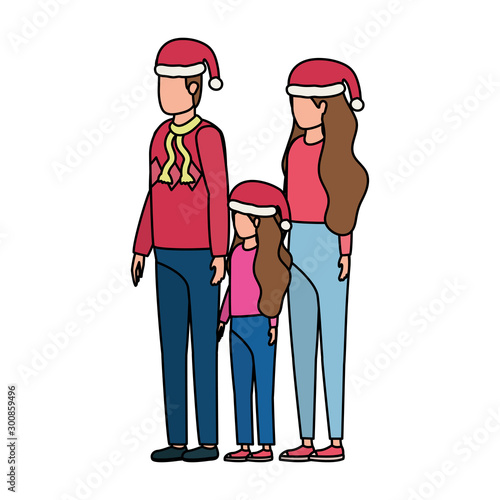 parents couple and daughter with christmas hats characters