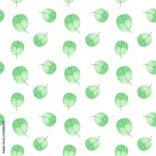 pattern with watercolor green round leaves on a white background. Great for textiles, packaging design, printing