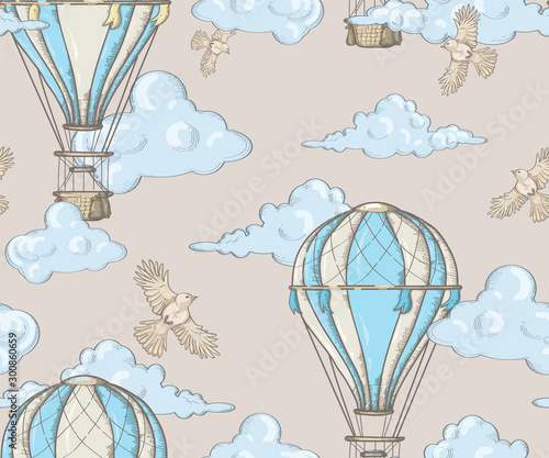 Seamless pattern with balloons, birds and clouds