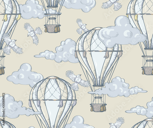 Seamless pattern with balloons, birds and clouds