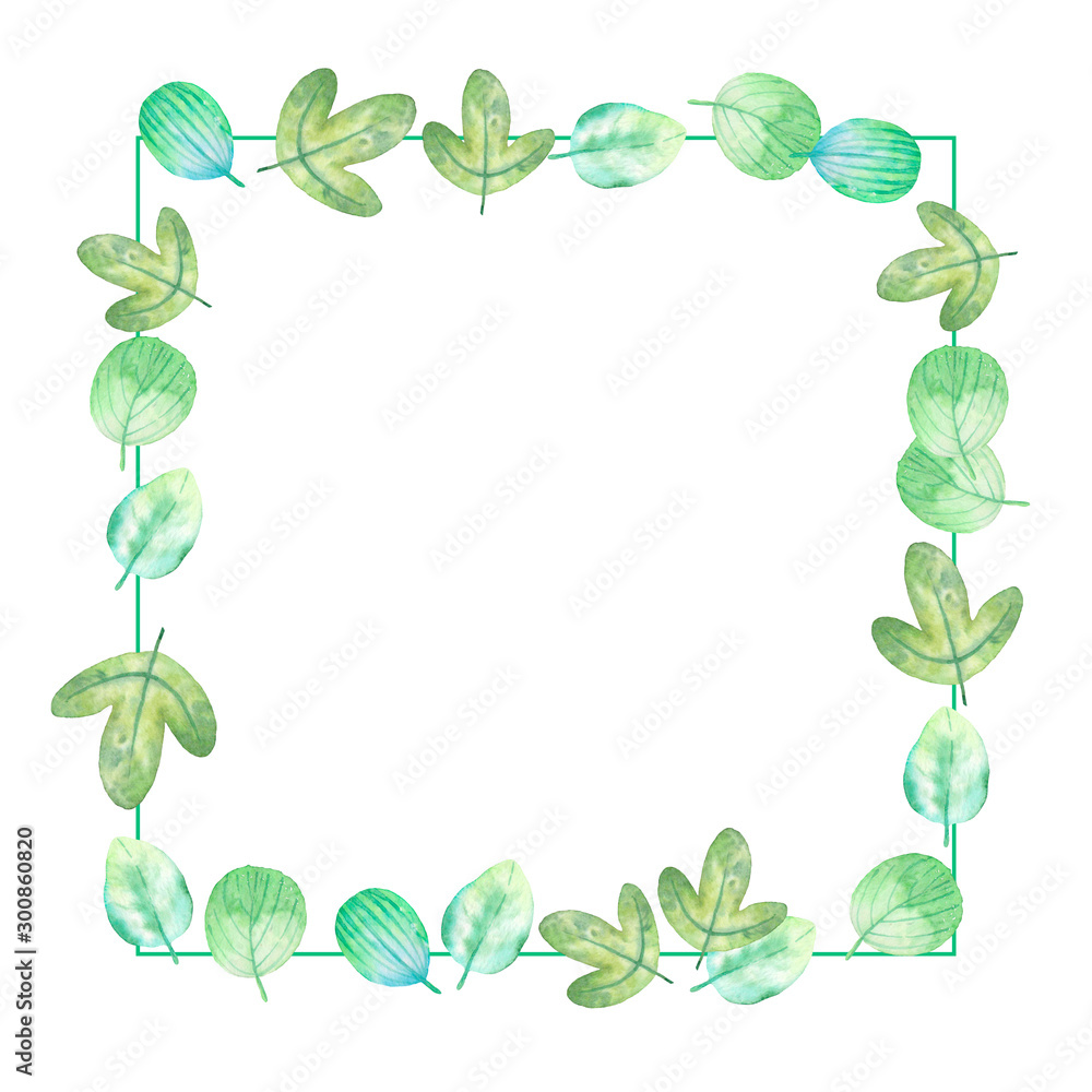 Square green frame with watercolor leaves on a white background for inscriptions. For packaging design and printing. Frame for greeting card Square green frame with watercolor leaves on a white background for inscriptions. For packaging design and printing. Frame for greeting card