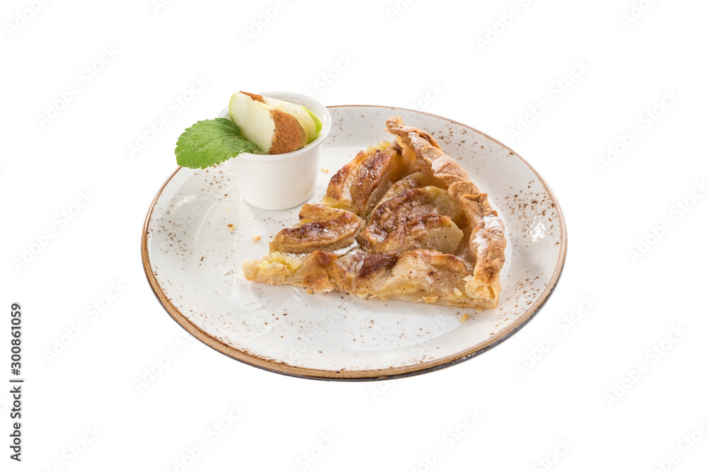 Apple cake on white plate isolated on white background Apple cake on white plate isolated on white background