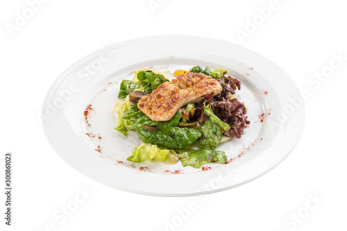 Grilled chicken breast and fresh vegetable salad isolated on white background