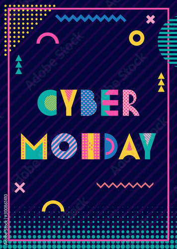 Banner CYBER MONDAY. Trendy geometric font in memphis style of 80s-90s. Text and abstract geometric shapes on striped dark blue background