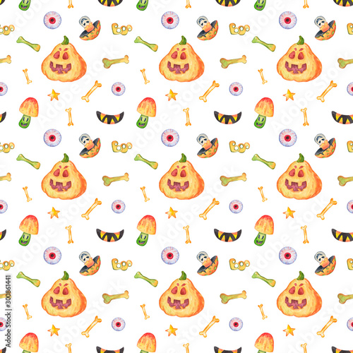 Watercolor seamless pattern with orange pumpkins and mushrooms, mushrooms, bones, eyes, stars and boo inscription on a white background. Great for packaging design, textiles 