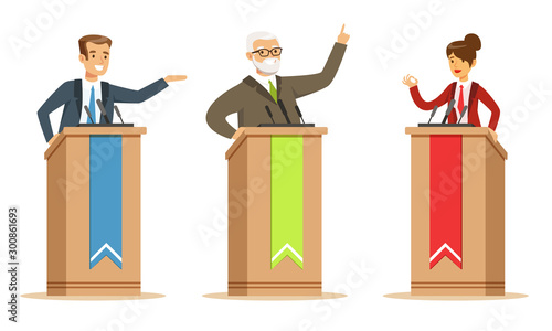 Politician And Candidates Giving A Speech Behind Rostrum In Debates Vector Illustration Set Isolated On White Background