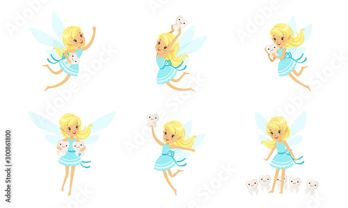 Humanized Funny Cartoon Teeth And Little Cute Tooth Fairy In Blue Dress Vector Illustration Set Isolated On White Background