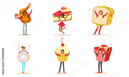 Smiling People Wearing Fast Food And Dessert Costumes For Menu Or Advertising Vector Illustration Set Isolated On White Background