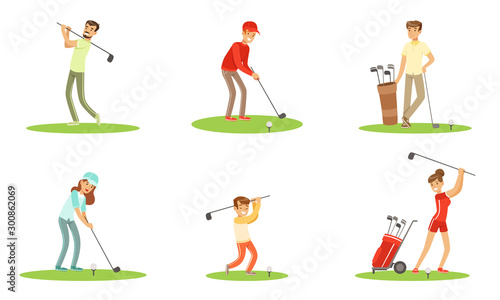 Different People Characters Playing Golf Outdoor Vector Illustration Set Isolated On White Background