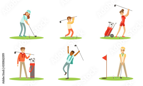 Collection Of Golf Players Characters In Different Actions Outdoor Vector Illustration Set Isolated On White Background