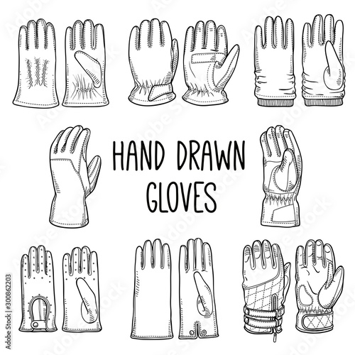 Set of sketches of gloves. Men's and women's fashion accessories: leather and textile gloves. Casual wear. Sportswear. Black outline hand drawn illustration isolated on white