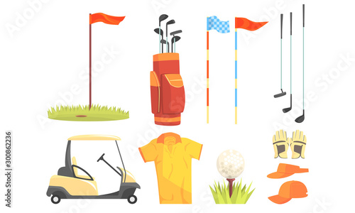 Golf Sport Equipment, Clothes And Game Attributes Vector Illustration Set Isolated On White Background