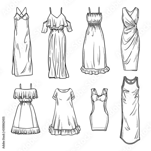 Sketches collection of women's dresses. Hand drawn vector illustration. Spring summer season. Black outline drawing isolated on white background