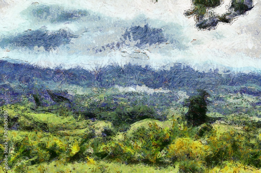 Obraz Mountain landscape with trees and fog Illustrations creates an impressionist style of painting.