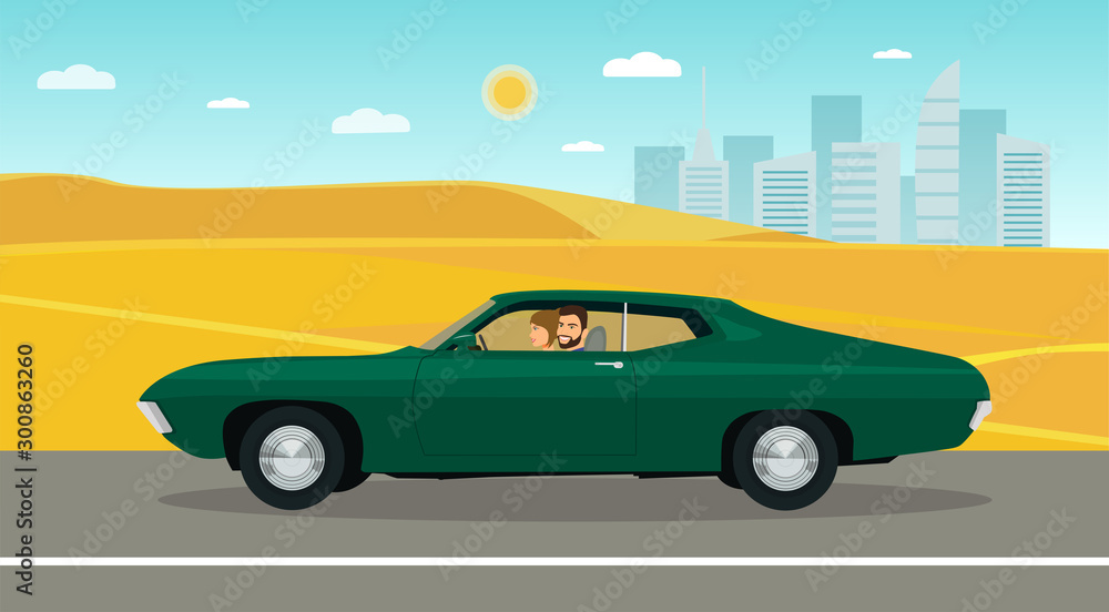A man and a woman ride in a classic car along the desert road. Vector illustration.