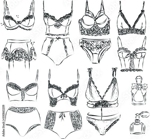 set fashion bra isolated, lingerie, underwear, ink