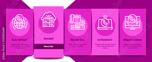 Voip Calling System Onboarding Mobile App Page Screen Vector Thin Line. Server For Voice Ip And Cloud, Smartphone And Phone, Wifi Mark And Headphones Concept Linear Pictograms. Contour Illustrations