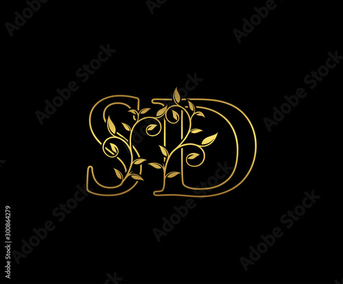 Golden letter S and D, SD vintage decorative ornament emblem badge, overlapping monogram logo, elegant luxury gold color on black background.