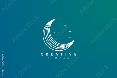 Vector design of a crescent moon with bright golden minimalist and modern stars