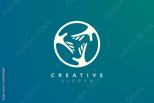 Vector design of a combination of circle letters with three hands reaching together.