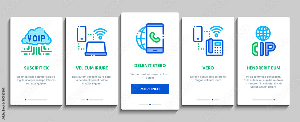 Voip Calling System Onboarding Mobile App Page Screen Vector Thin Line. Server For Voice Ip And Cloud, Smartphone And Phone, Wifi Mark And Headphones Concept Linear Pictograms. Contour Illustrations