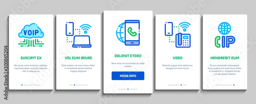 Voip Calling System Onboarding Mobile App Page Screen Vector Thin Line. Server For Voice Ip And Cloud, Smartphone And Phone, Wifi Mark And Headphones Concept Linear Pictograms. Contour Illustrations