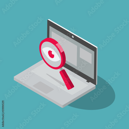 Spyware internet cyber attack symbol with spy magnifier and laptop computer, isolated on blue background. Flat design, easy to use for your website or presentation.