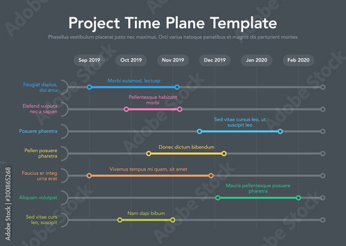 Business project time plan template with project tasks in time intervals - dark version. Easy to use for your website or presentation.