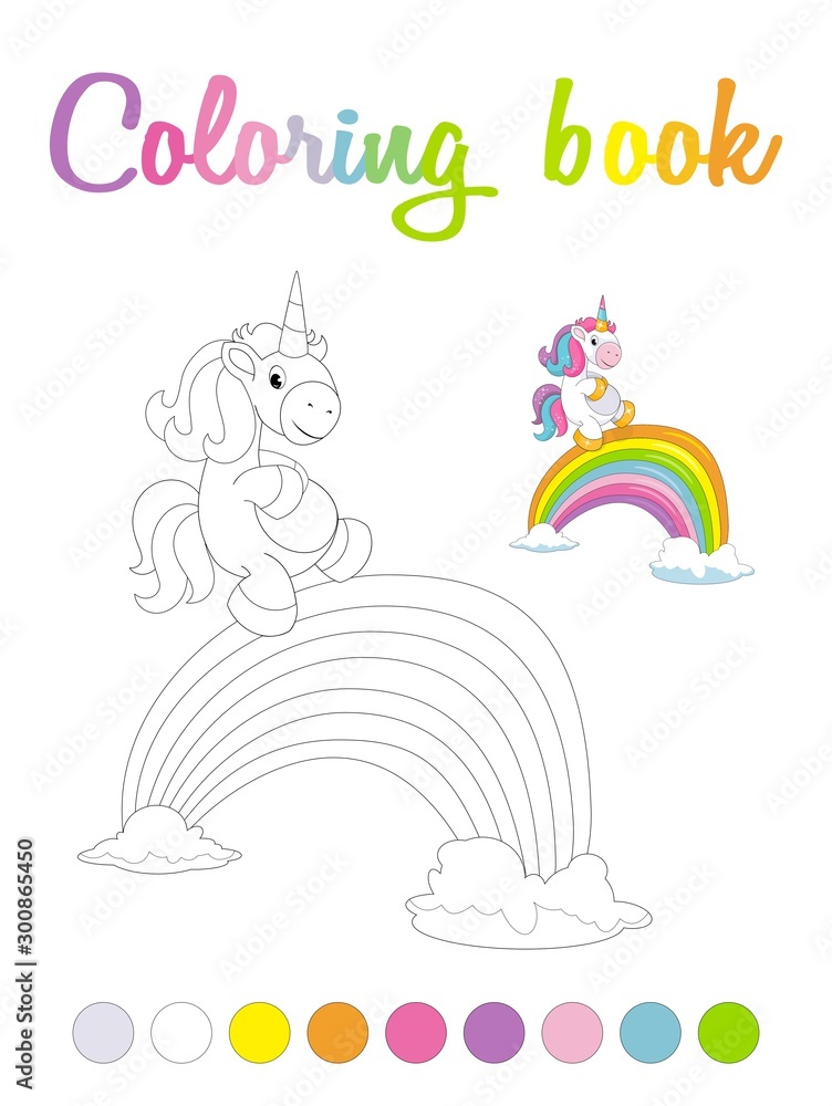 Cartoon unicorn and a rainbow bridge. Cute smiling unicorn coloring book page Cartoon unicorn and a rainbow bridge. Cute smiling unicorn coloring book page