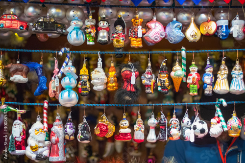 Christmas tree ornaments on display at Christmas market in winter wonderland of London