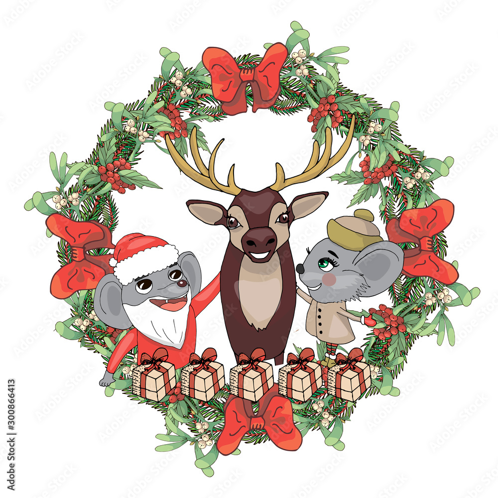 Naklejka premium Christmas wreath with a cute deer in the center in doodle style on a white background