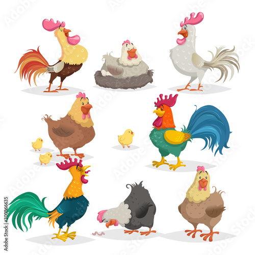 Cute cartoon chickens set. Roosters and hens in different poses. Little chicks. Farm birds and animals collection. Vector illustrations in comic style.