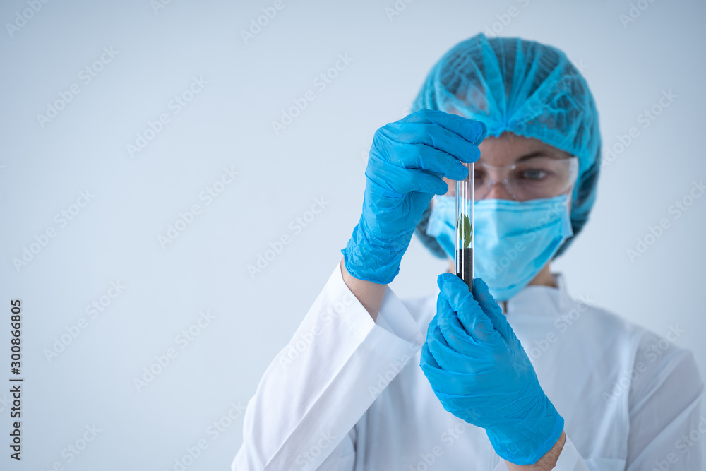 Laborant woman holding test tube with soil and plant, making laboratory research Laborant woman holding test tube with soil and plant, making laboratory research