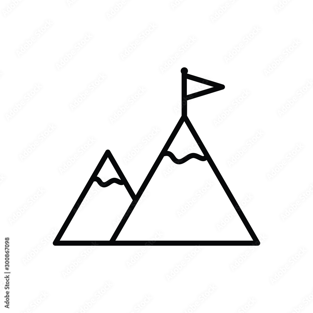 Mountain with flag on a peak. black vector icon. Success concept symbol Mountain with flag on a peak. black vector icon. Success concept symbol