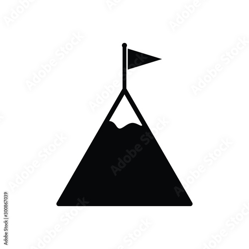 Mountain with flag on a peak. black vector icon.  Success concept symbol