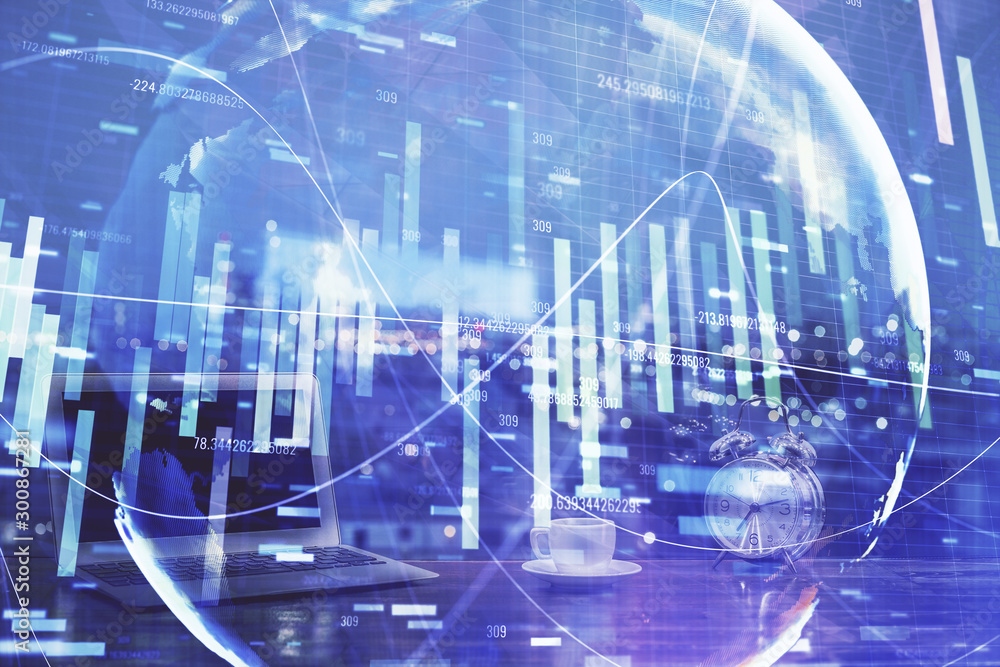 Multi exposure of business theme icons and table with computer background. Concept of success. Multi exposure of business theme icons and table with computer background. Concept of success.