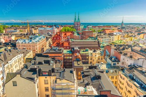 Aerial panorama of Helsinki on a summer day with the clear blue sky, Finland