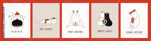 Collection of hand drawn Christmas cards with cute cats in Santa Claus hats, quotes. Vector illustration. Line drawing. Design concept for holiday print, invite, banner, gift tag.