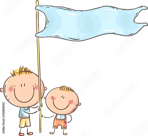 Kids holding a blue flag, colorful vector illustration