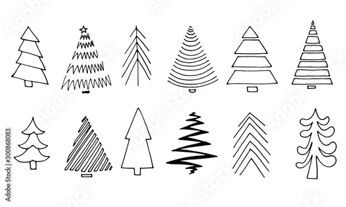 Set of hand drawn christmas tree. Doodle pine and fir. 