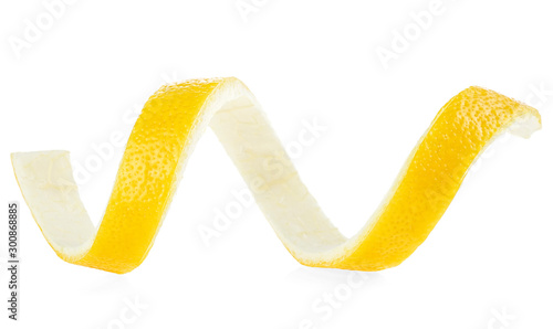 Spiral of lemon skin isolated on a white background. Lemon twist.