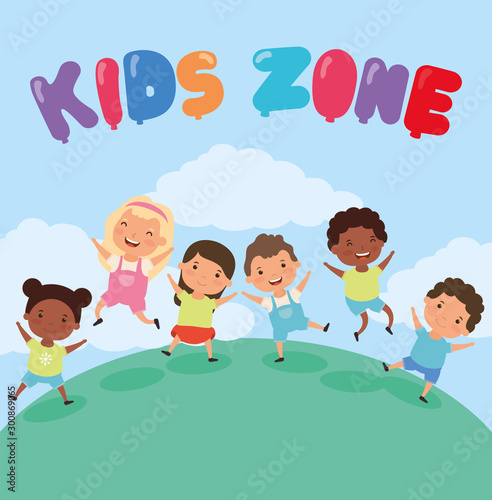 kids zone with interracial children group in the field