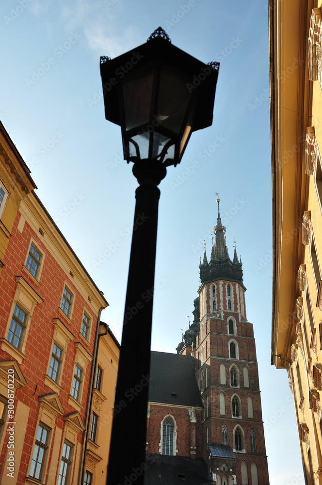 street lantern in front of church in Krakow