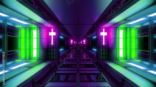 futuristic space sci-fi hangar tunnel corridor with nice reflections and holy christian glowing cross 3d illustration background wallpaper