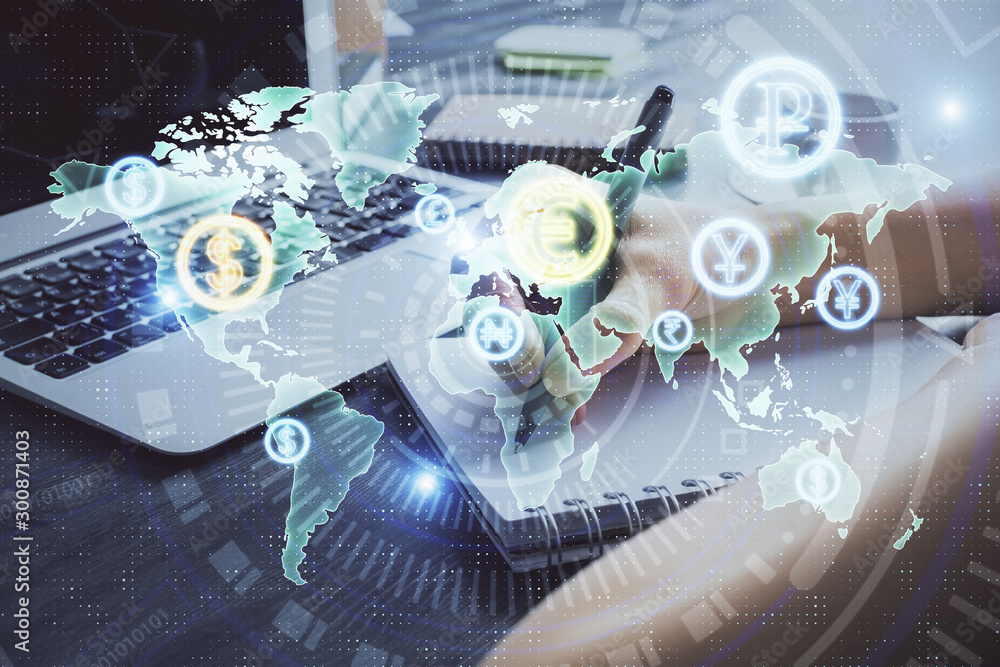 Forex chart displayed on woman's hand taking notes background. Concept of research. Multi exposure