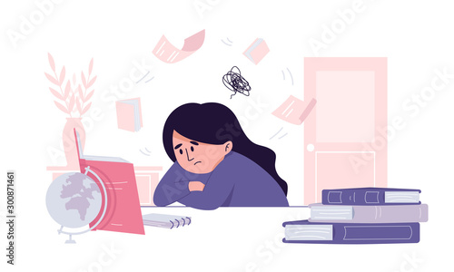 Tired female student having stress before an exam. Stressful situation in learning and education process. Hard time in getting high score at university tests. Procrastination while writing the thesis.