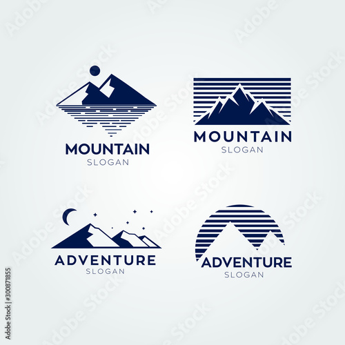 Adventure mountain with lake moon sunset logos vector illustration symbols icons