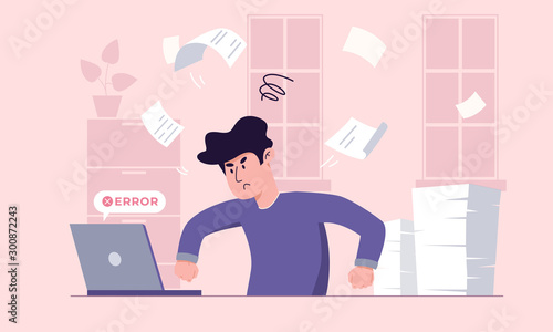 Young man has work stress because of critical error during important job task. Manager fighting with his laptop, his pile of papers is unchecked. Freelancer struggles to meet burning deadline concept.